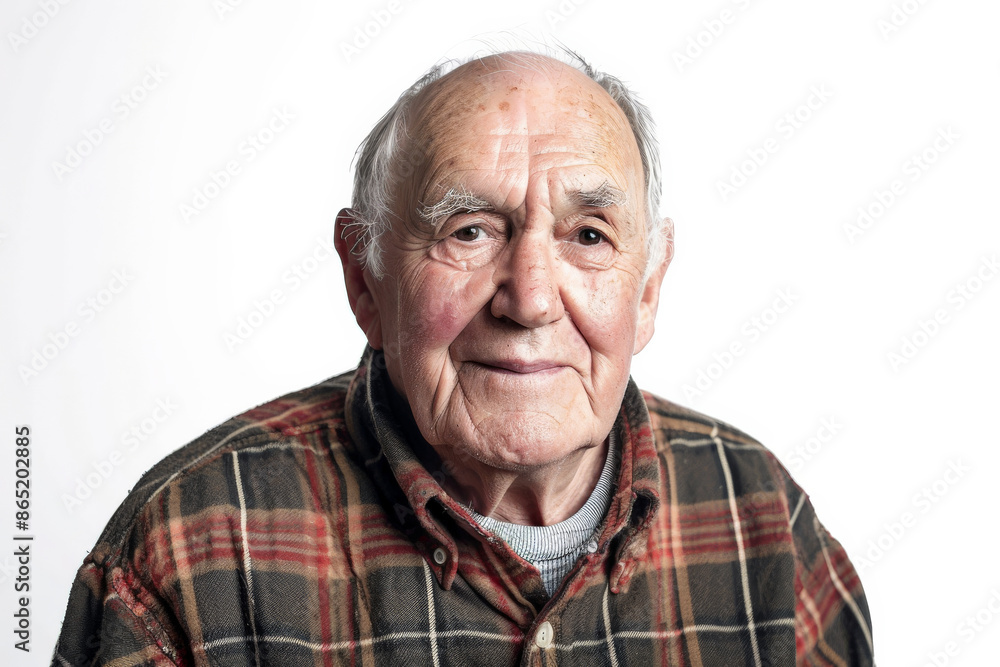 Mature elderly Caucasian man with a kind smile, gazing into the camera, isolated on white background. Mature elderly Caucasian man with a kind smile, gazing into the camera, isolated on white background.