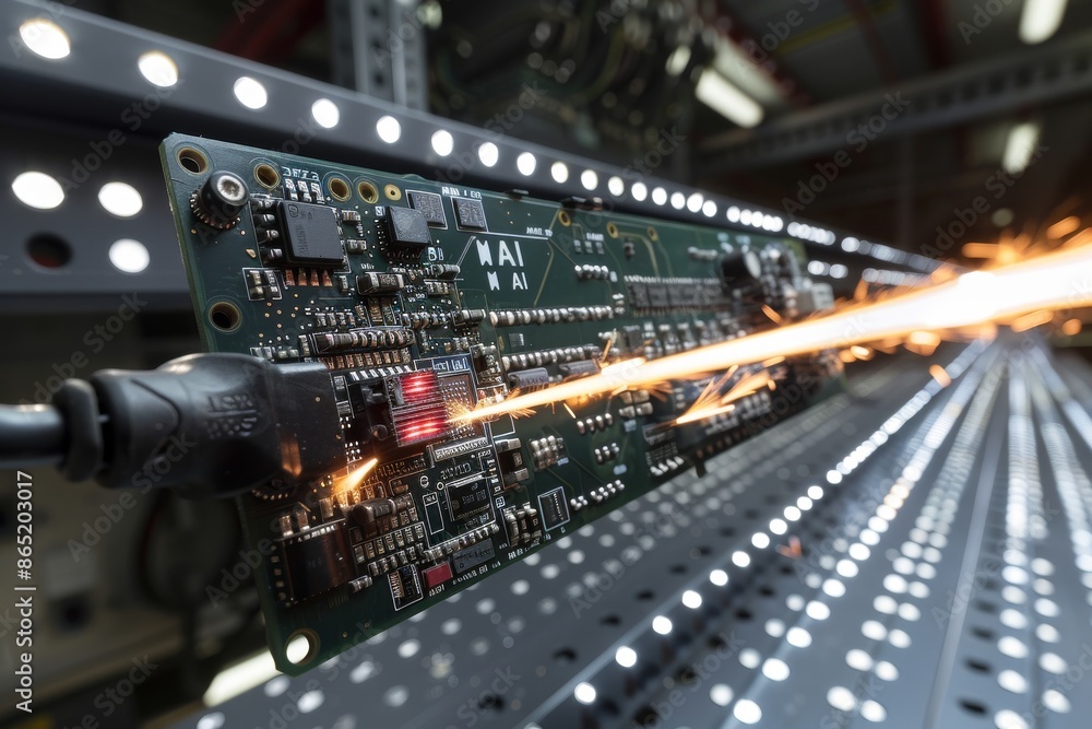AI integrated circuit board with glowing lines and advanced microtechnology in a high tech laboratory AI integrated circuit board with glowing lines and advanced microtechnology in a high tech laboratory