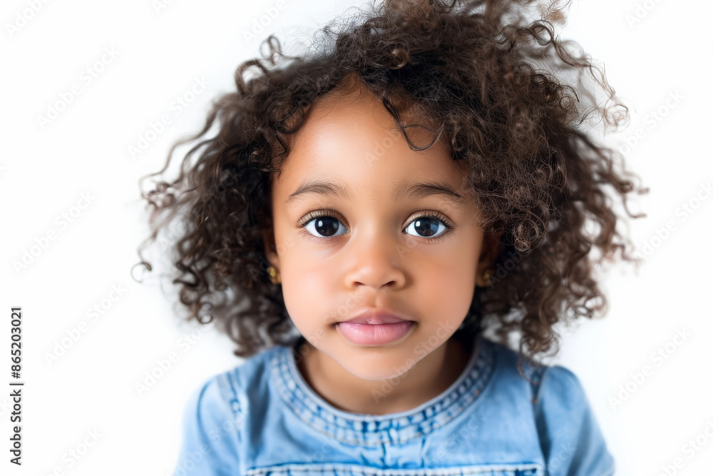 Sweet African American preschool-aged girl with a playful expression, looking directly at the camera, isolated on white background. Sweet African American preschool-aged girl with a playful expression, looking directly at the camera, isolated on white background.