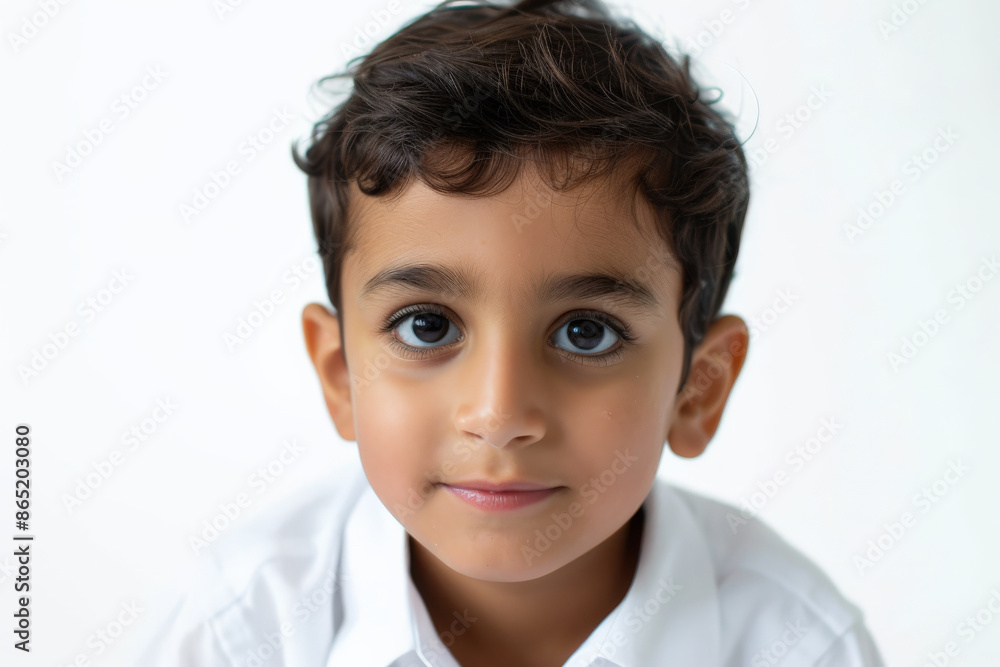 Sweet Arabian school-aged boy with a poised expression, looking at the camera, isolated on white background. Sweet Arabian school-aged boy with a poised expression, looking at the camera, isolated on white background.