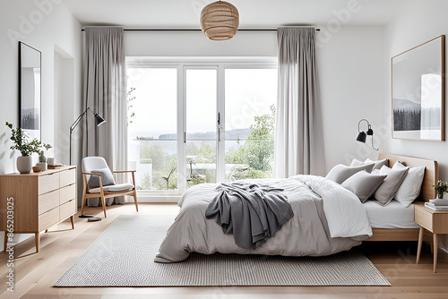 A cozy bedroom with light wood floors, white walls, and simple, functional furniture.