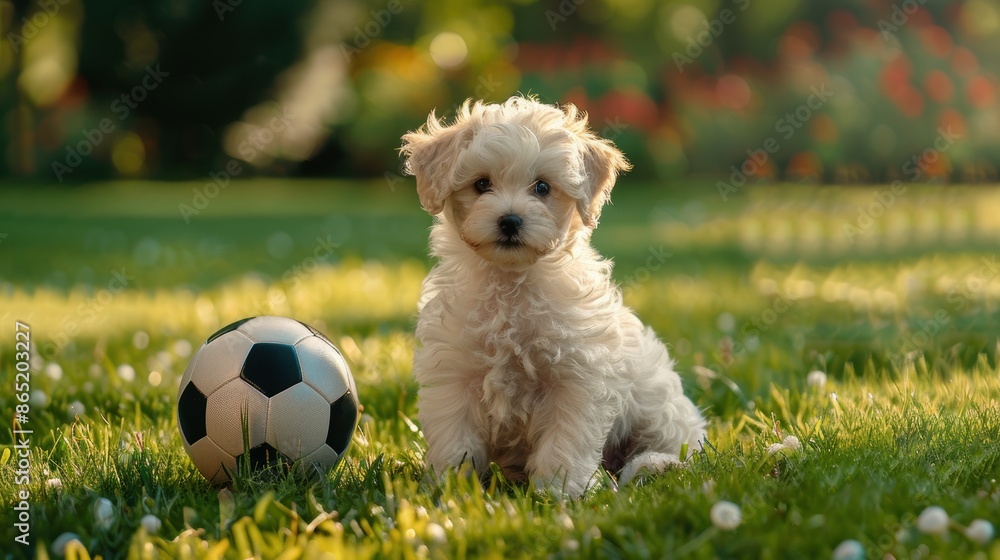 A puppy bichon frise is sitting close to a soccer ball on a lush lawn. A puppy bichon frise is sitting close to a soccer ball on a lush lawn.