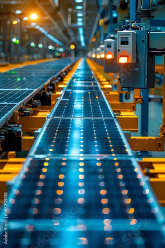 Automated production line assembling solar panels, bright industrial lights, depth of field