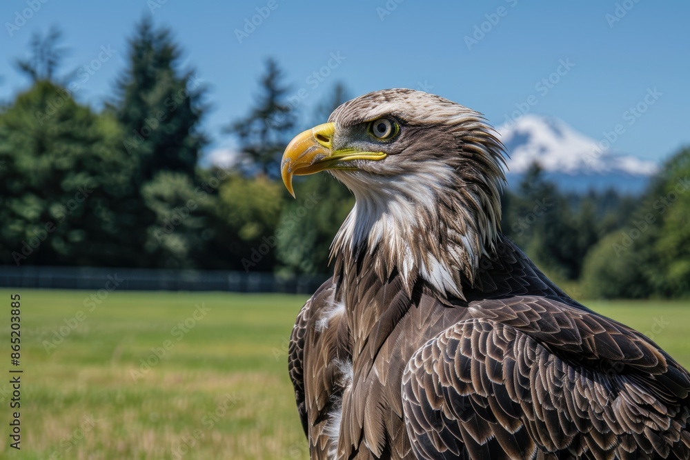 Obraz premium Bald eagle juvenile soaring over a soccer field in search of food