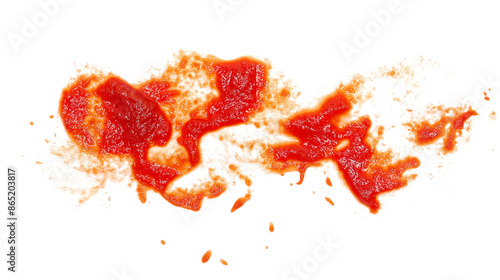 Red ketchup splashes isolated on white background, tomato pure texture, top view	 