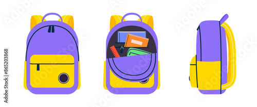Set of childish school backpacks and schoolbags of front and side view. Transparent backdrop