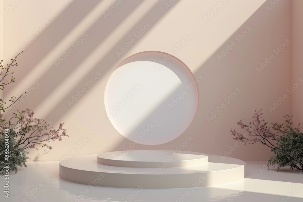 Fototapeta premium Minimalist 3D render of a double podium or pedestal with white circle on a pastel background and plant shadows.