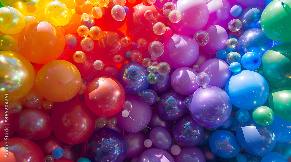 Fototapeta premium Background made with scattered color gel balls,beautiful shiny balls of different colors and sizes completely cover the surface. Some spheres glow. 3d photorealistic render geometric reative holiday 
