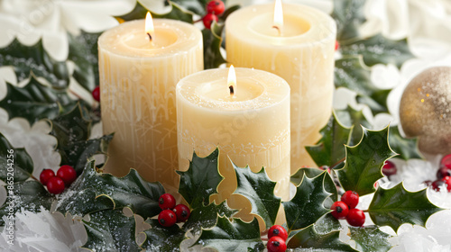 Elegant Christmas Candles Surrounded by Holly Leaves