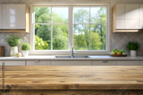 Empty wooden table over window blurred background. Kitchen interior mock up for design and product display