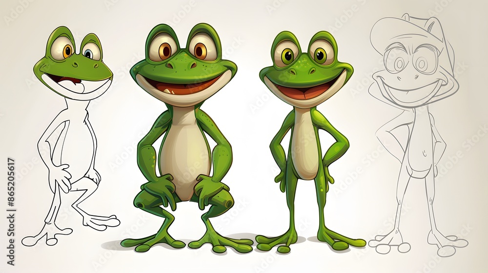 Obraz premium Male frog cartoon character mascot design, including flat and line art design, isolated on white background, vector clip art illustration. 