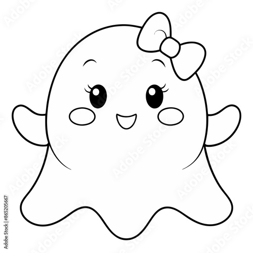 white kawaii ghost in witch hat with bow