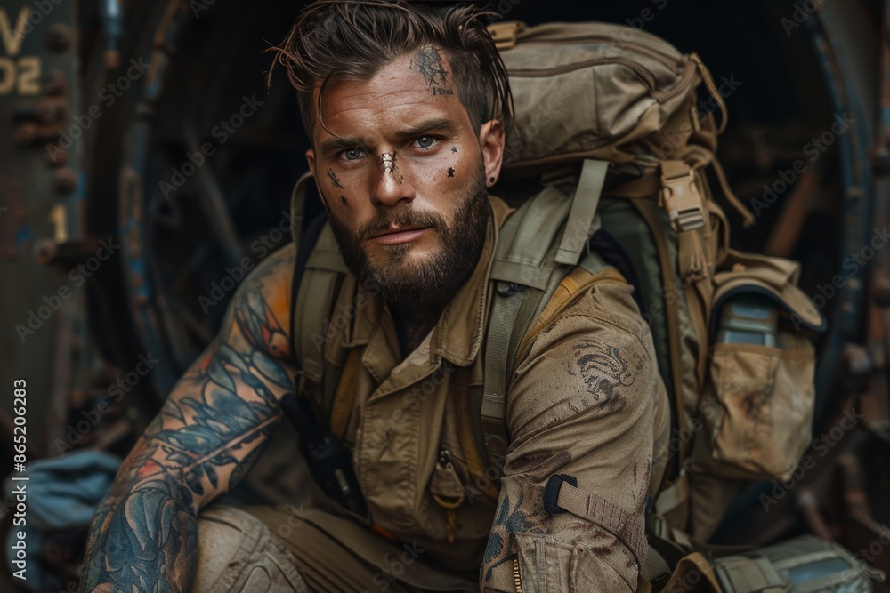 Fototapeta premium Bearded Man With Tattoos and Backpack Posing in a Dark Environment