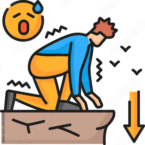 Human phobia icon of cremnophobia or fear of falling from cliff height, vector color line. Mental health and psychology problems or mind disorder icon of cremnophobia phobia or fear and panic