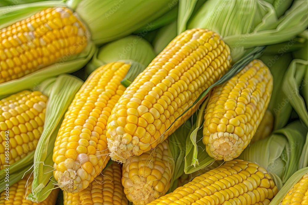 Freshly Harvested Corn on the Cob. Vibrant Yellow Kernels and Green Husks Freshly Harvested Corn on the Cob. Vibrant Yellow Kernels and Green Husks