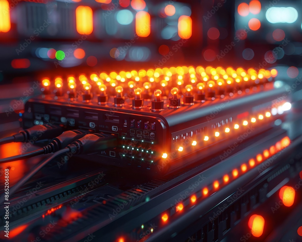 Closeup of a sleek router with multiple connected cables, glowing indicators, and a background of highperformance servers, representing advanced networking technology Closeup of a sleek router with multiple connected cables, glowing indicators, and a background of highperformance servers, representing advanced networking technology