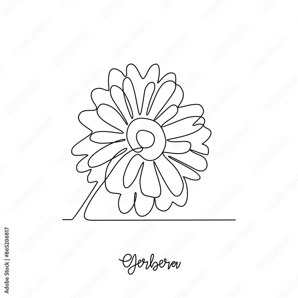 One continuous line drawing of Gerbera vector design illustration. Type of Flower themes design concept with simple linear style vector. Beautiful useful flower design for wedding or romantic party. One continuous line drawing of Gerbera vector design illustration. Type of Flower themes design concept with simple linear style vector. Beautiful useful flower design for wedding or romantic party.
