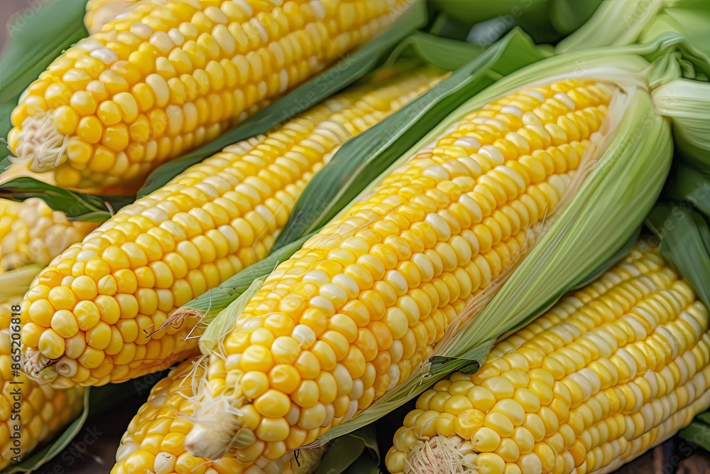 Freshly picked sweet corn cobs, with husks. Concepts of harvest, farm fresh produce, summer vegetables, and healthy eating. Freshly picked sweet corn cobs, with husks. Concepts of harvest, farm fresh produce, summer vegetables, and healthy eating.