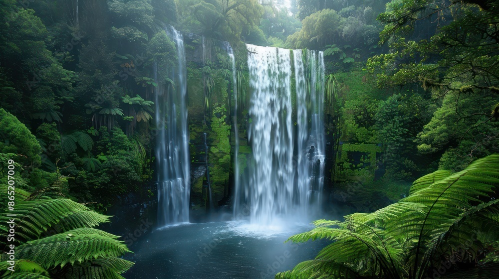 waterfall in dense green forest and beautiful views waterfall in dense green forest and beautiful views