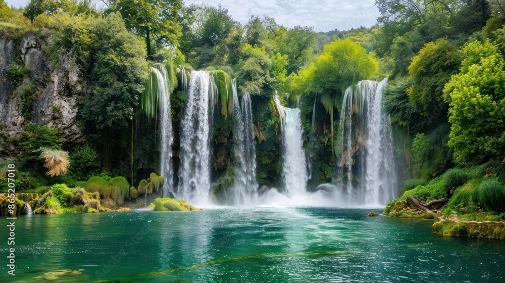 waterfall in dense green forest and beautiful views waterfall in dense green forest and beautiful views
