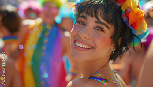 Portrait Of A Beautiful Young Woman Rallying For LGBTQ+ Rights At A Pride Month Parade With Diversity And Rainbow Flags: A Celebration Of Love And Inclusivity