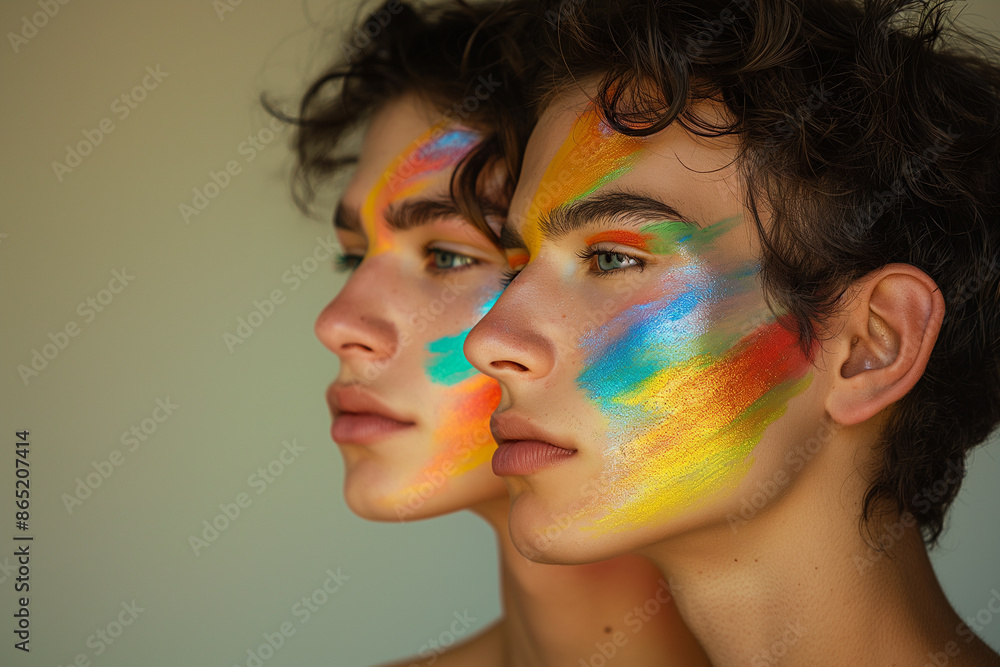Obraz premium Glamorous Gay Guys With Faces Colored In Rainbow Colors: A Vibrant Celebration Of Pride And Identity In A Stunning Close-Up, LGBTQ pride