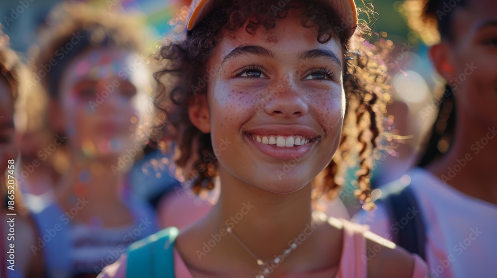 Joyful Young Teenage Girl at Summer Festival with Friends. Generative ai Joyful Young Teenage Girl at Summer Festival with Friends. Generative ai