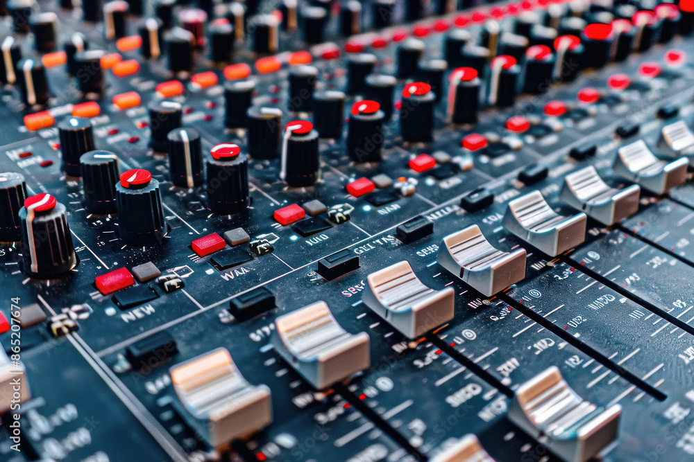 Obraz premium Audio mixing console with rotary controls, sliders, and buttons