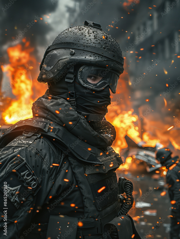Close-up Portrait of Warrior in Tactical Gear with Gas Mask and Weapon Amid Fiery Skyline Close-up Portrait of Warrior in Tactical Gear with Gas Mask and Weapon Amid Fiery Skyline