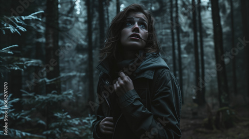A woman standing alone in a dark forest 