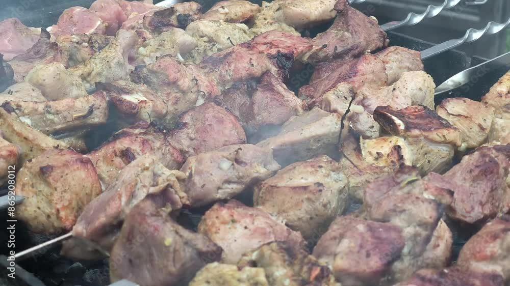 Close-up of cooking a barbecue on the grill. Burning coals on the grill, shish kebab with meat on skewers. Picnic in nature, pork cooked over a campfire, smoke from the campfire. Close-up of cooking a barbecue on the grill. Burning coals on the grill, shish kebab with meat on skewers. Picnic in nature, pork cooked over a campfire, smoke from the campfire.