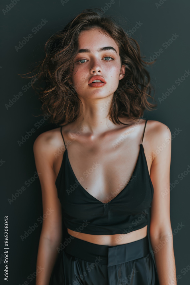 Naklejka premium A stylish beautiful model in high fashion attire striking a confident pose, simple solid background, studio lighting, a minimalist composition, full body
