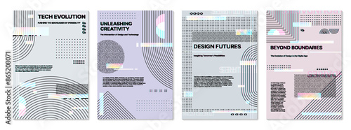 Futuristic glitch poster templates and abstract cover backgrounds, vector geometric patterns. Posters with glitch shapes and hologram colors of iridescent gradient for futuristic posters and covers