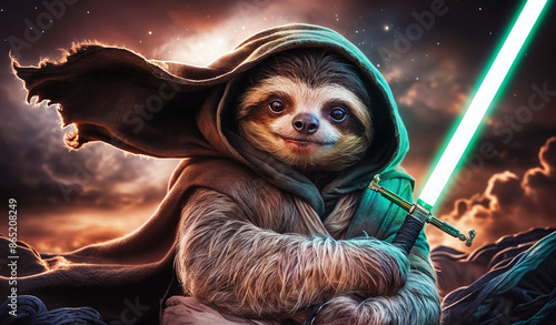 Portrait of a cute Jedi Sloth. fighting pose cinematic and for gaming concept, cosmic galaxy worrier, gen by AI. 