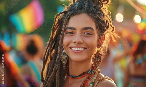 Portrait Of A Beautiful Young Woman Rallying For LGBTQ+ Rights At A Pride Month Parade With Diversity And Rainbow Flags: A Celebration Of Love And Inclusivity © Natalia Schuchardt