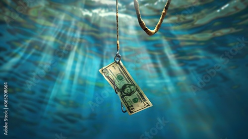 A US dollar bill hangs on a fishing hook underwater, a metaphor for the allure of money and the dangers of greed.