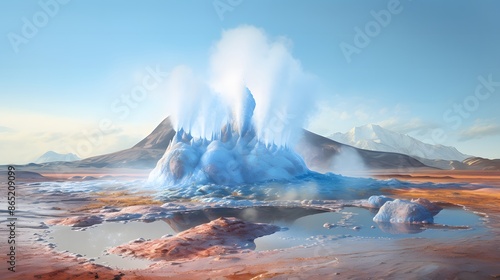 Geyser made of ice, erupting in an Alaskan valley, surrounded in the style of lush desert mountain and hot springs. Generative AI