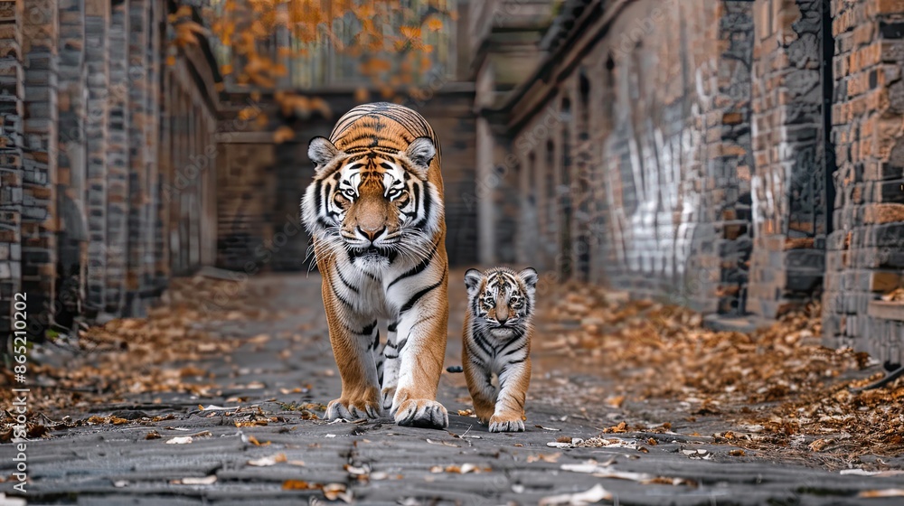 Fototapeta premium A large tiger and its cub walk together on a rocky path in the daylight