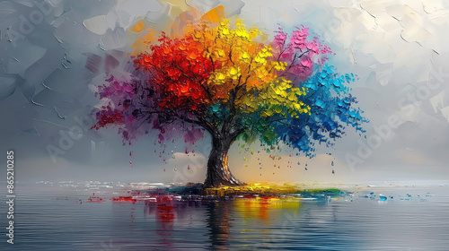 Fototapeta Naklejka Na Ścianę i Meble -  Elegant colorful tree with vibrant leaves hanging branches illustration background. Bright color 3d abstraction wallpaper for interior mural painting wall art decor. Ai