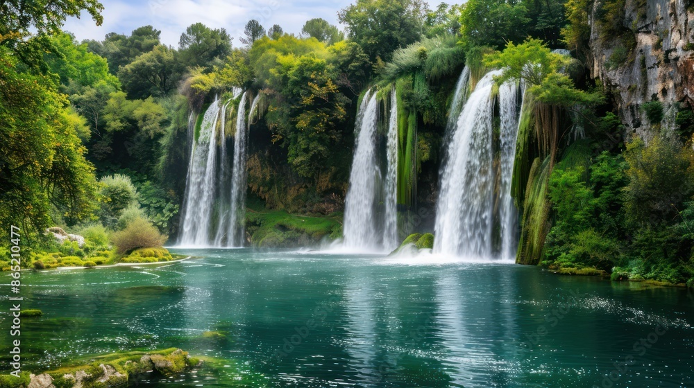 waterfall in dense green forest and beautiful views waterfall in dense green forest and beautiful views