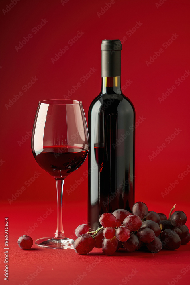 Obraz premium Bottle and glass of red wine on red background, wine tasting
