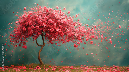 Fototapeta Naklejka Na Ścianę i Meble -  Elegant colorful tree with vibrant leaves hanging branches illustration background. Bright color 3d abstraction wallpaper for interior mural painting wall art decor. Ai