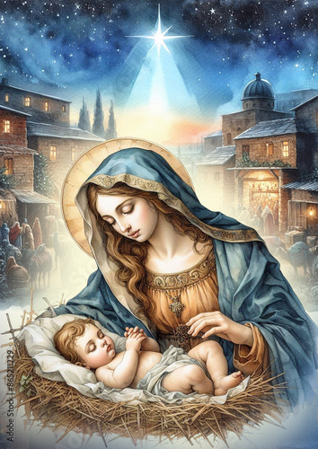 Virgin Mary and newborn baby Jesus in a manger. Bethlehem, Christmas. Watercolor illustration.  Vertical, poster