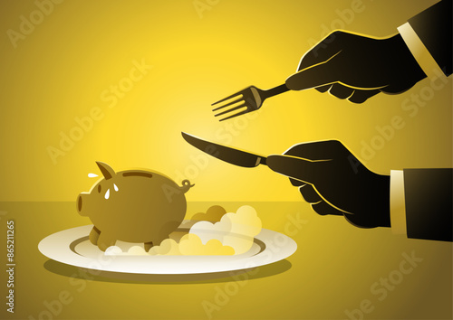 hungry businessman’s hand hold Fork and knife