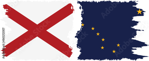 Alaska and Alabama states grunge brush flags connection, vector