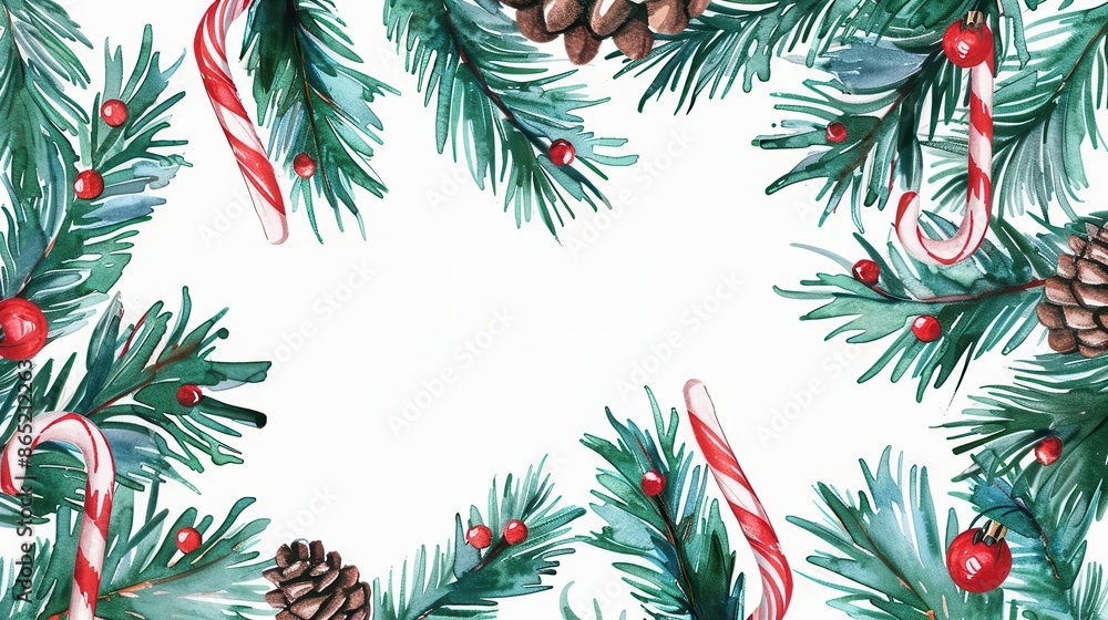 festive frame christmas fir branches with candy canes charming watercolor illustration for holiday greetings and designs festive frame christmas fir branches with candy canes charming watercolor illustration for holiday greetings and designs