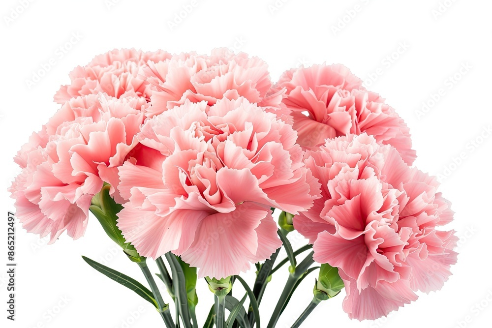 Artistic watercolor painting of a cluster of pink carnations, set against a simple white background with generous copyspace, Artistic watercolor painting of a cluster of pink carnations, set against a simple white background with generous copyspace,