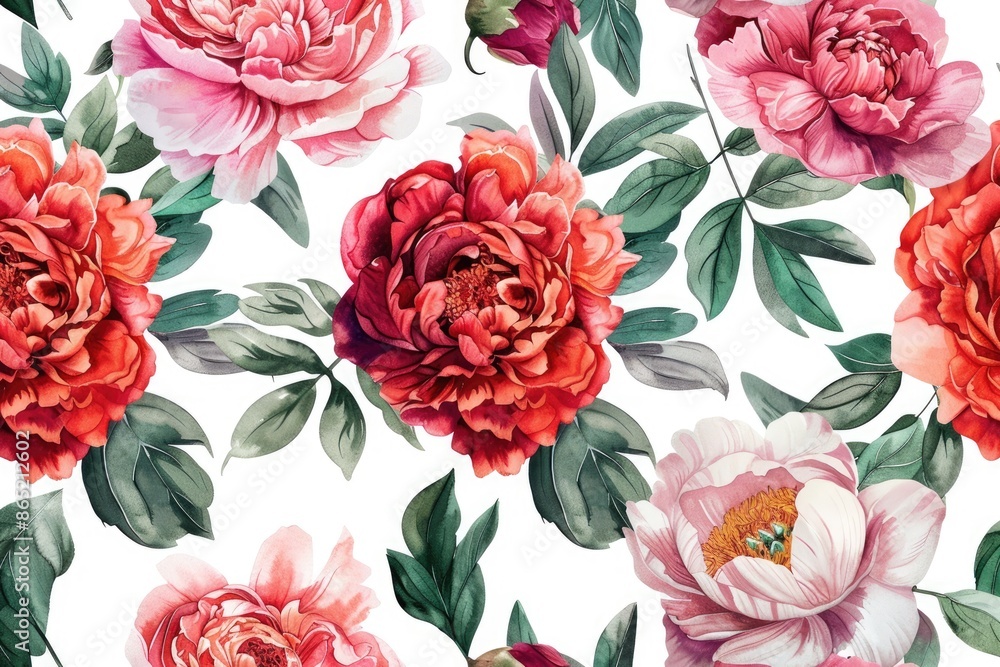 Beautiful seamless floral pattern with large red and pink peonies and green leaves on a white background, perfect for textiles or wallpapers. Beautiful seamless floral pattern with large red and pink peonies and green leaves on a white background, perfect for textiles or wallpapers.