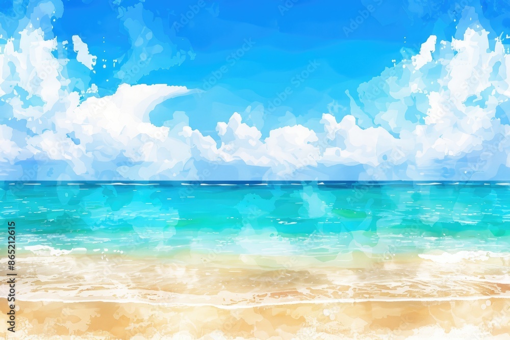 Beautiful watercolor beach with turquoise waters and fluffy white clouds under a clear blue sky, evoking tranquility and summer relaxation. Beautiful watercolor beach with turquoise waters and fluffy white clouds under a clear blue sky, evoking tranquility and summer relaxation.