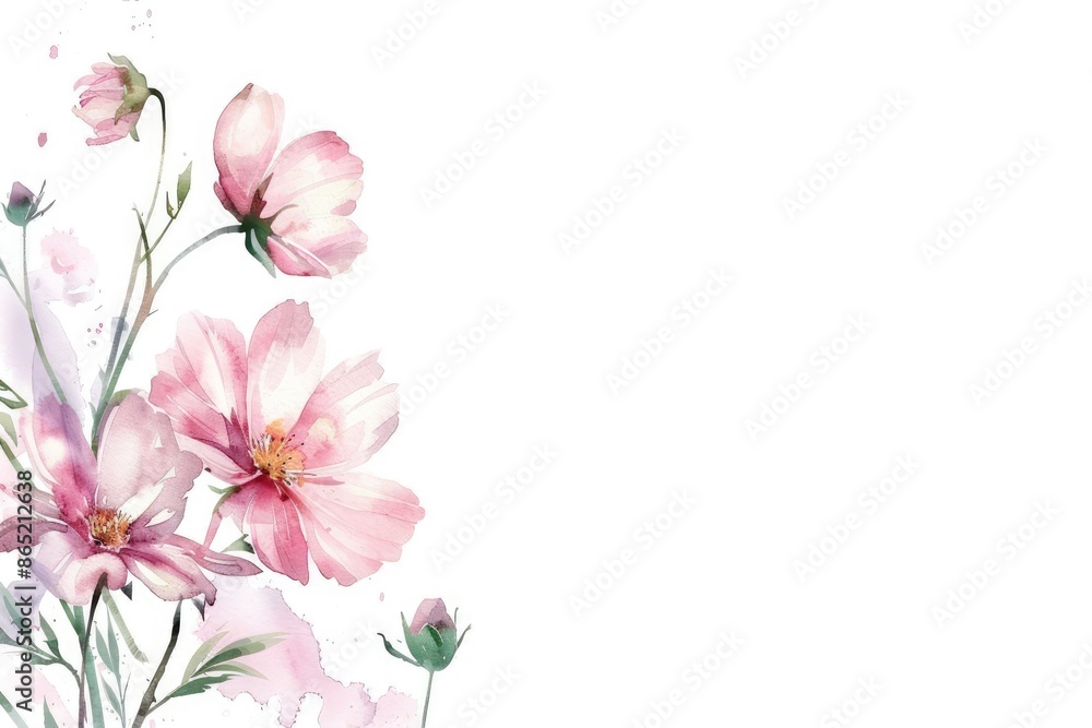 Beautiful watercolor illustration of a cluster of pink cosmos flowers, set against a plain background with plenty of copyspace, Beautiful watercolor illustration of a cluster of pink cosmos flowers, set against a plain background with plenty of copyspace,